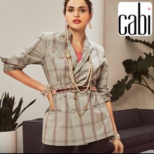 CAbi 5470 Sleuth Boxy Plaid Double Breasted Long Blazer Gray Pink Women's Sz 6